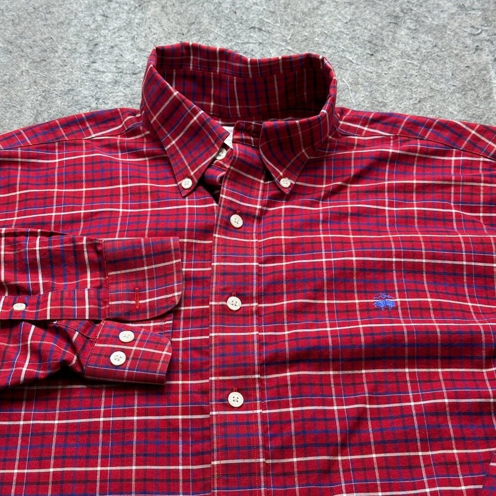 Brooks Brothers Oxford Shirt Men L Red Blue Plaid OCBD Button-Down Non Iron